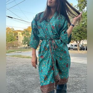 Floral Teal Silk Kimono Robe